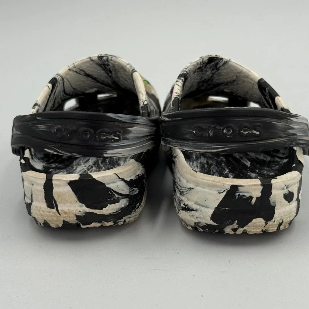 Crocs Comfort Slide Clogs‎ Toddler 11 Black & White Marbled Tropical Charms